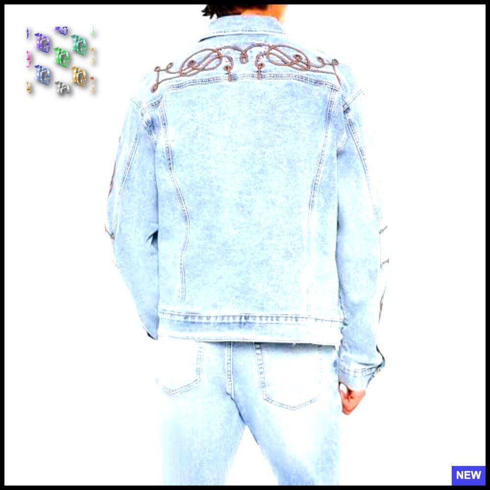 Embroidered Denim Trucker Jacket Stretch Retro Western Aviator Style - Picture 5 of 6